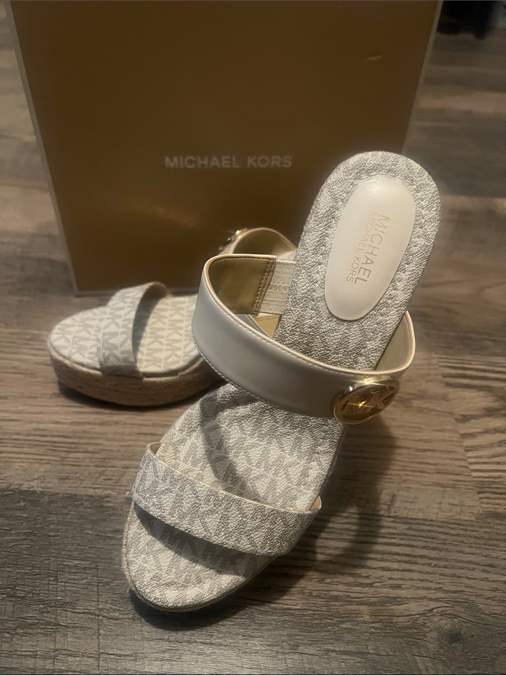 Michael Kors Beige and Gray Logo Espadrille Wedge Sandals